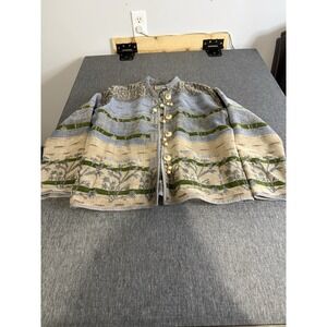 vtg Flashback GYPSY BoHo Tapestry Jacket  Lagenlook Button Bead blue tan Sz S